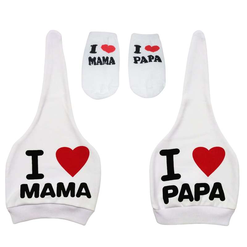 ست کلاه و جوراب نوزادی طرح I LOVE MAMA PAPA کد M749 مجموعه 3 عددی