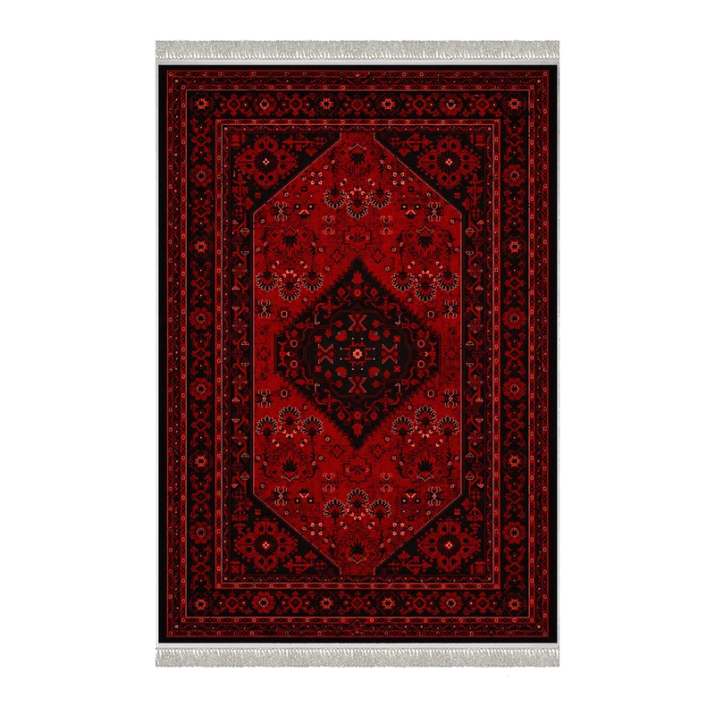 فرش ماشینی 1000 شانه هانوکس زمینه قرمز لاکی حاشیه چند رنگ مدل HAL.002.1