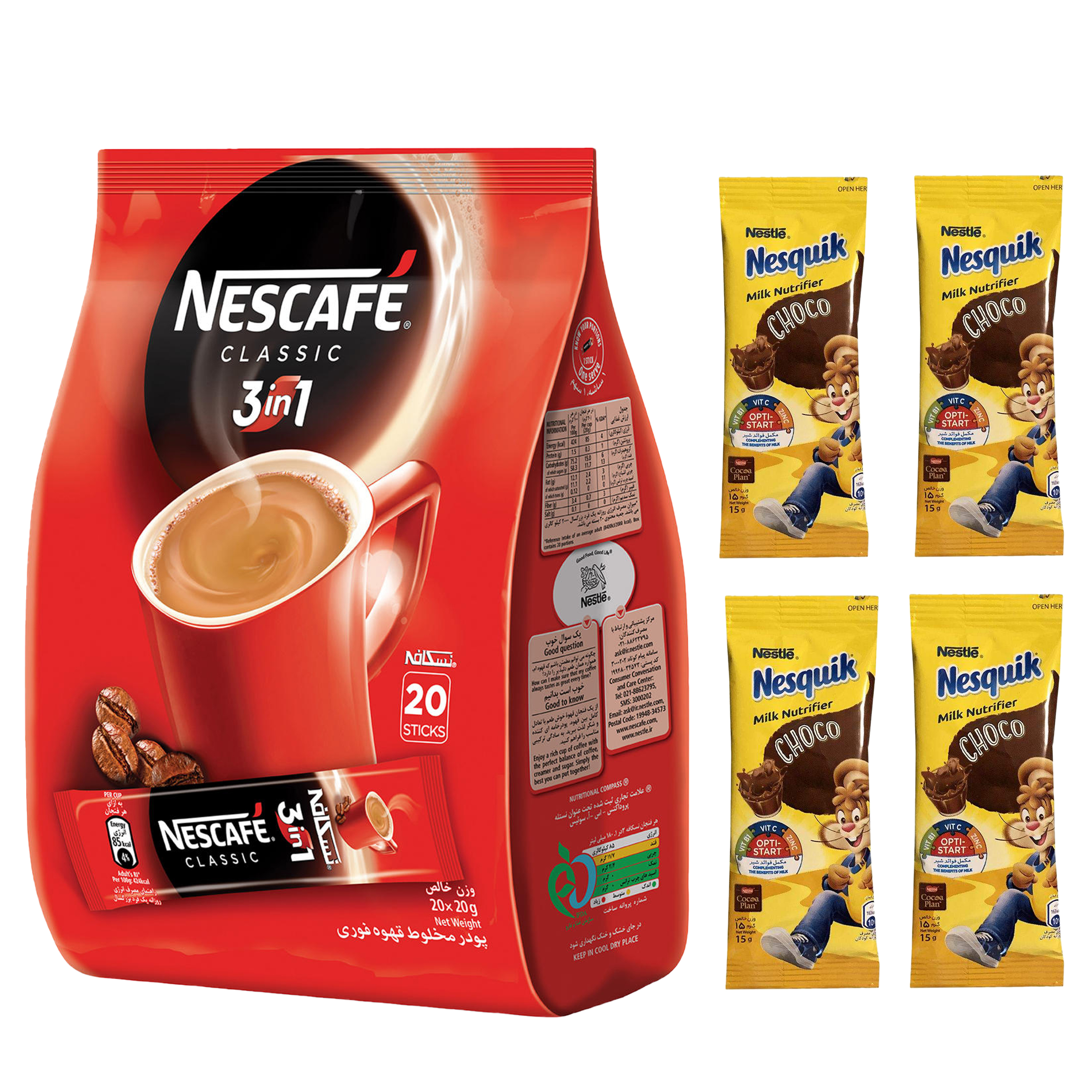 قهوه فوری مخلوط 1 × 3 نسکافه بسته 20 عددی به همراه پودر شکلات Nesquik نستله بسته 4 عددی
