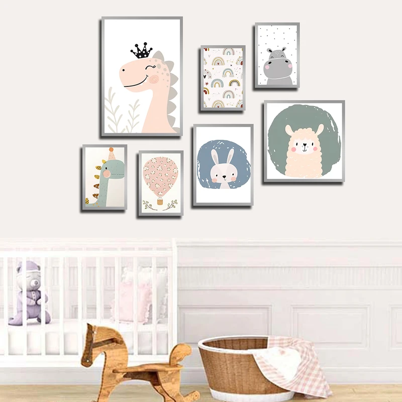 تابلو بکلیت طرح نقاشی دایناسور و اتاق کودک SI-3763 فریم نقره ای مجموعه 7 عددی