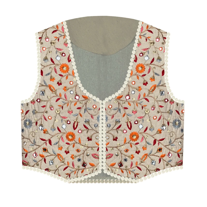 وست یقه هفت زنانه مدل کتان گلدوزی آینه کاری سنتی کد AK1526