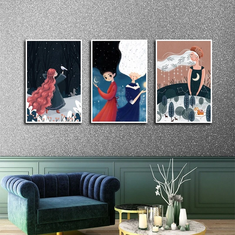 تابلو ساده بکلیت طرح نقاشی دخترانه و فانتزی مدل شاین اکلیلی W-2640 فریم سفید مجموعه 3 عددی