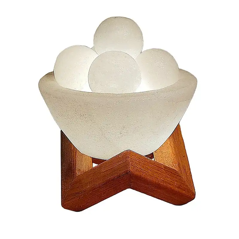 آباژور سنگ نمک مدل کـاسه و گوی طرح پایه چوبی کد 437