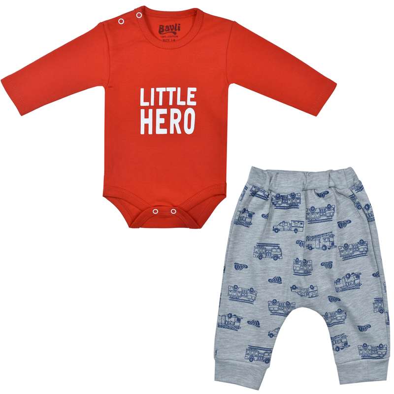 ست بادی آستین بلند و شلوار نوزادی باولی مدل آتش نشان