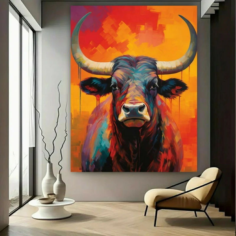 تابلو بوم طرح مخمل گاو شاخ دار کد BK23615