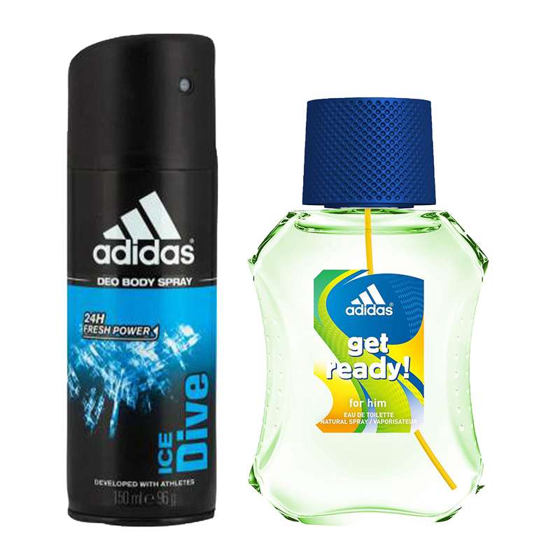 ادو تویلت مردانه آدیداس مدل Get Ready حجم 100 میلی لیتر به همراه اسپری ضد تعریق مردانه آدیداس مدل Ice Dive حجم 150 میلی لیتر