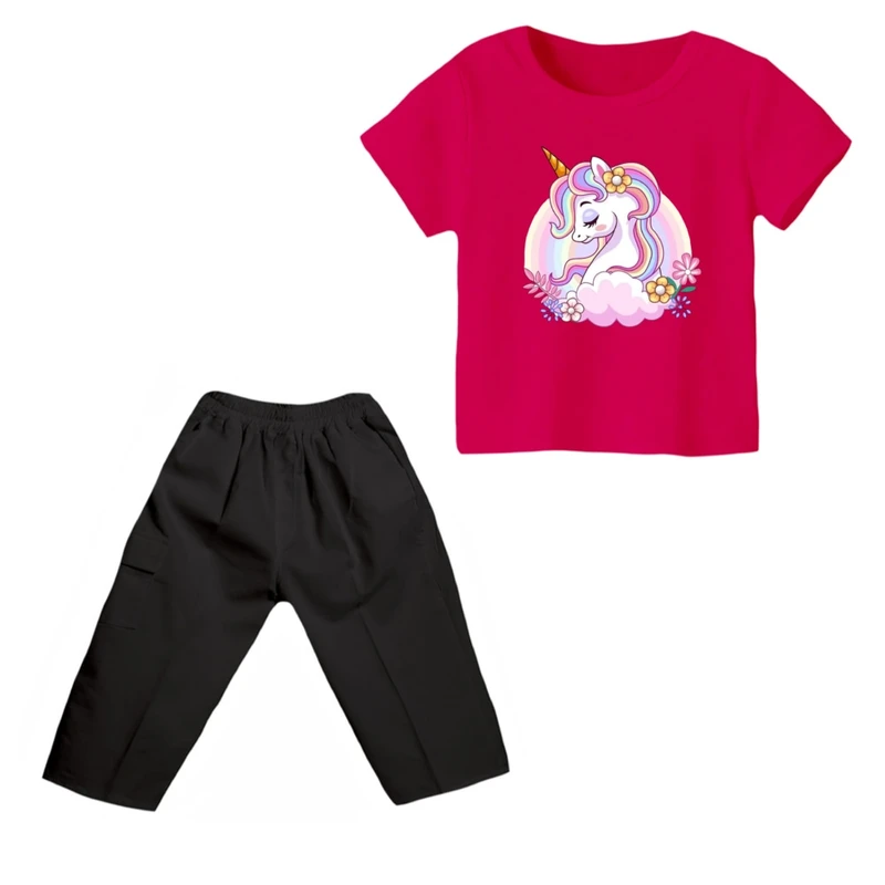 ست تی شرت و شلوارک دخترانه مدل یونیکورن کد ۱۳ رنگ سرخابی