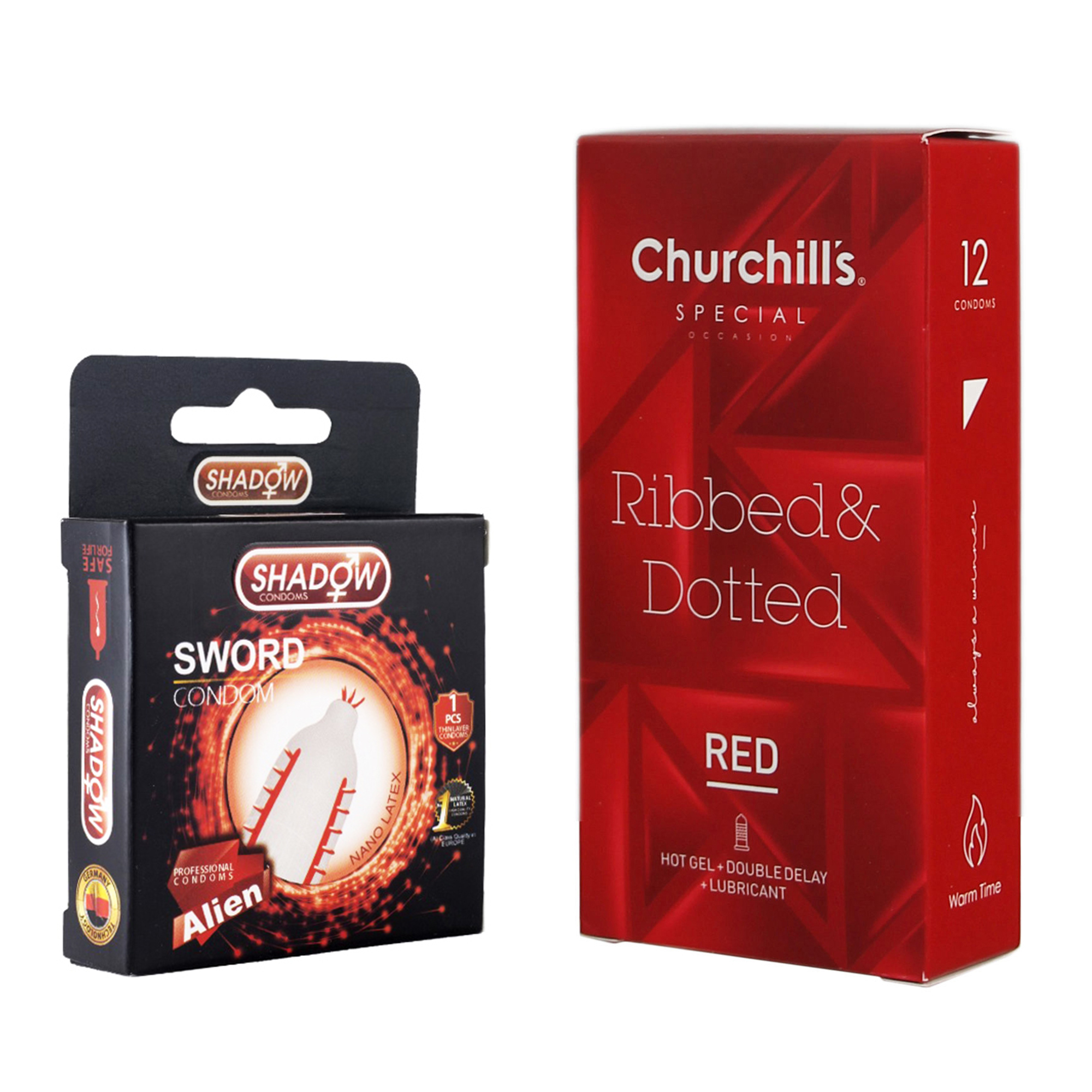 کاندوم چرچیلز مدل Hot Gel بسته 12 عددی به همراه کاندوم شادو مدل Sword