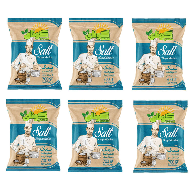 نمک تصفیه یددار تبلور مجدد گونای - 700 گرم بسته 6 عددی