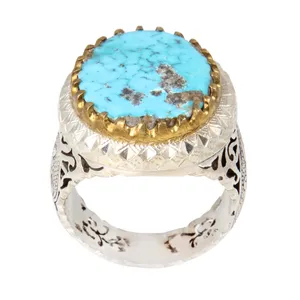 انگشتر نقره مردانه بازرگانی میلادی مدل سنگ فیروزه طبیعی نیشابور رکاب دست ساز سیاه قلم کد AM_2034