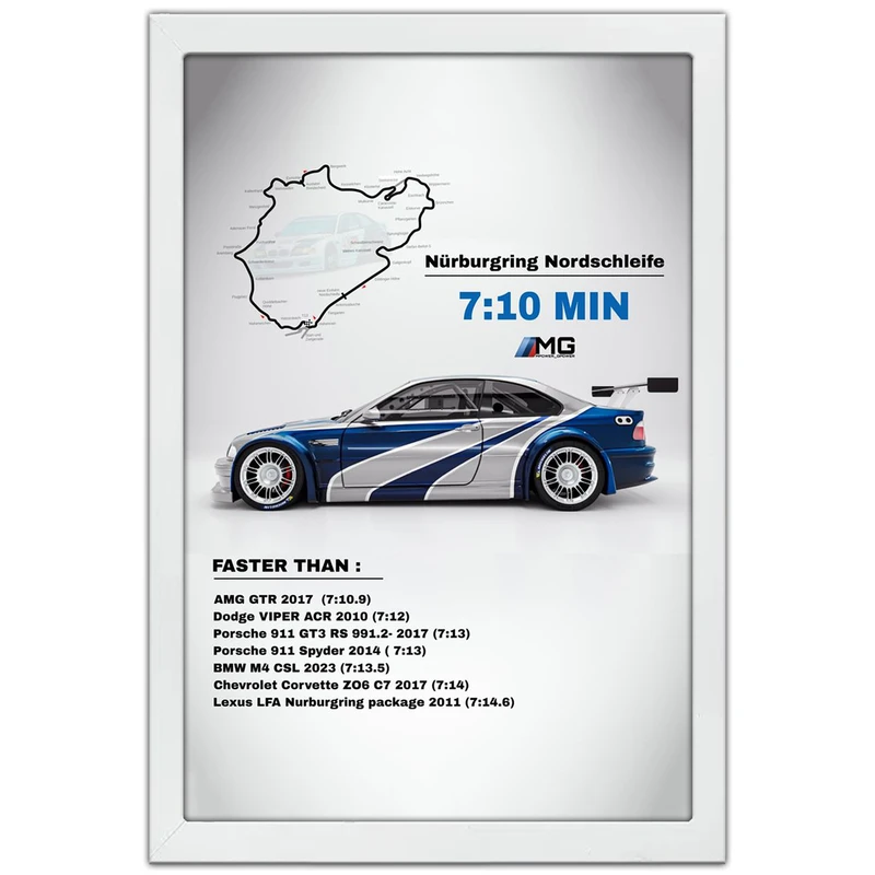 تابلو بکلیت طرح ماشین و خودرو بی ام و BMW M3 GTR NEED FOR SPEED MOST WANTED مدل W-po1892 فریم سفید