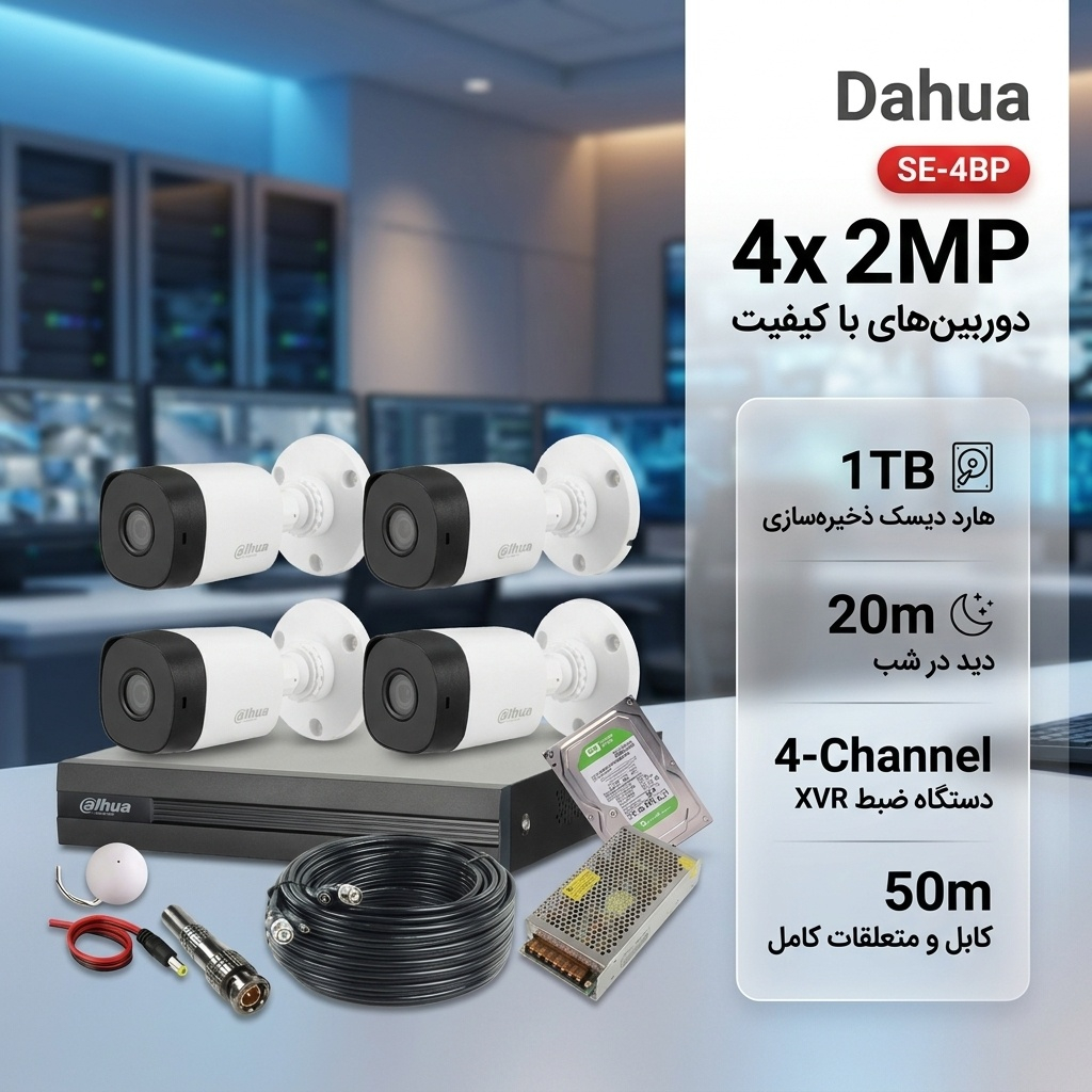 پکیج دوربین مداربسته بولت داهوا مدل SE-4BP شامل 4 دوربین 2 مگاپیکسل HAC-B1A21P با دید در شب 20 متر، دستگاه ضبط 4 کانال XVR-1B04 با پشتیبانی از TVI، CVI، AHD و IP، هارد 1 ترابایت، برد صدا، پاور 12 ولت 10 آمپر و کابل 50 متر