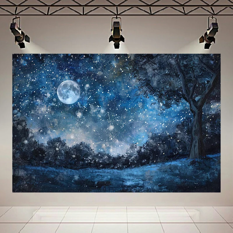  تابلو بوم طرح مخمل شب زیبای پر ستاره مدل ماه کامل کد AR3058281