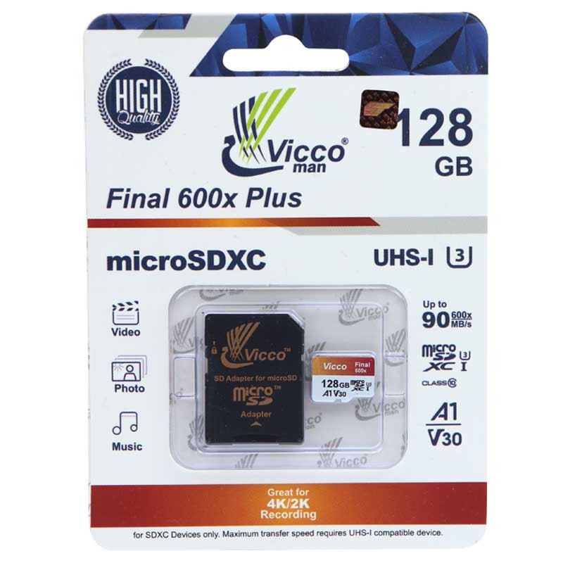 کارت حافظه microSDHC ویکومن مدل Final 600X Plus کلاس 10 استاندارد UHS-I U3 سرعت 90MBps ظرفیت 128 گیگابایت به همراه آداپتور SD