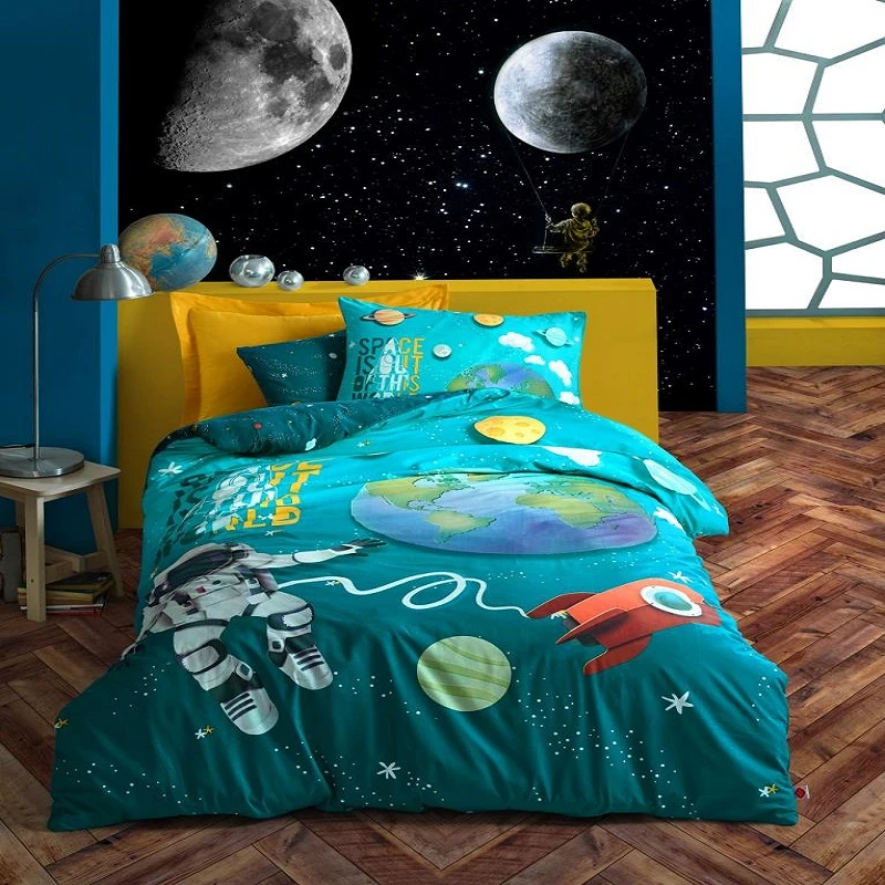 سرویس ملحفه یک نفره 3 تکه کاتن باکس مدل LITTLE ASTRONAUT TURKUAZ