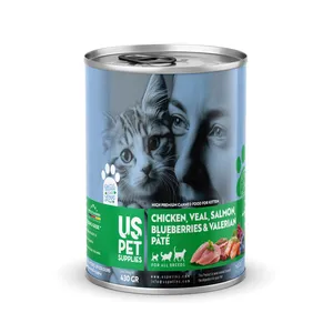 کنسرو غذای بچه گربه یو اس پت مدل های پریمیوم طعم مرغ، گوساله، سالمون، بلوبری و سنبل الطیب وزن 430 گرم