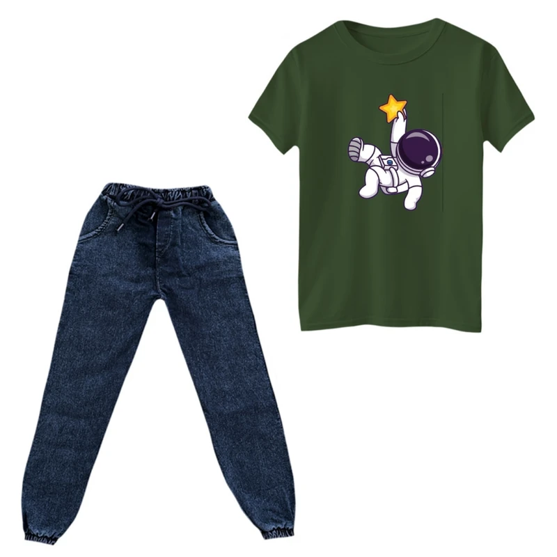 ست تی‌شرت آستین کوتاه و شلوار پسرانه مدل فضانورد کد 5 رنگ یشمی