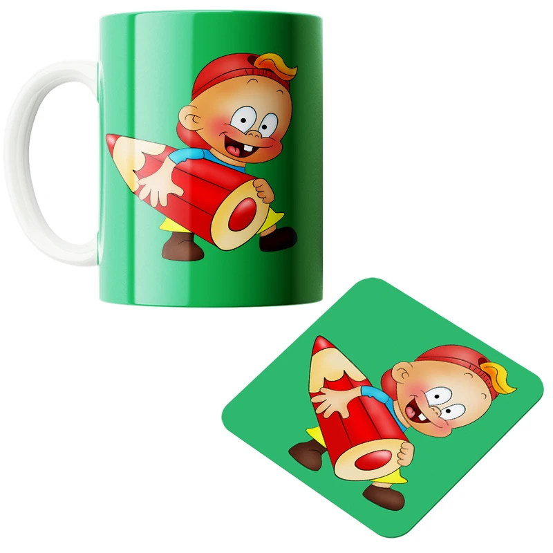 ماگ پاد آفرین مدل پسر بچه مداد به دست کد DKC386 به همراه زیر لیوانی