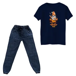 ست تی‌شرت و شلوار پسرانه مدل کوتوله پاییزی رنگ سرمه ای