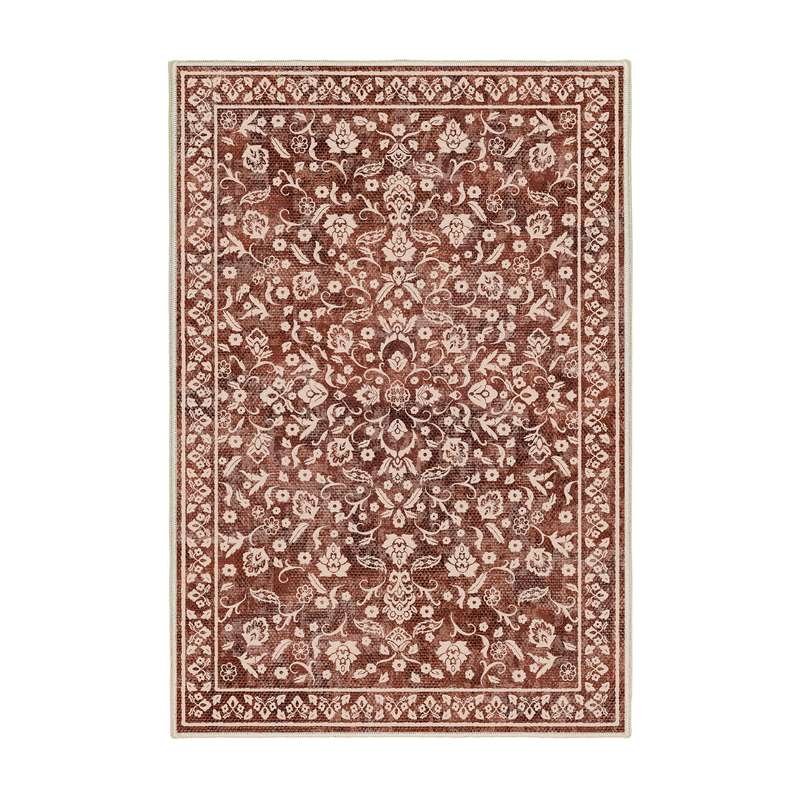 فرش ماشینی 1000 شانه زمینه زرشکی حاشیه قرمز مدل اورکوم مدل نانو چاپ بدون پرز طرح مینیمال مارال کد OR.1121.07