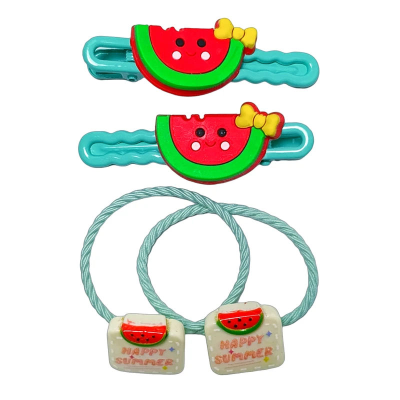 ست گیره و کش مو دخترانه مدل Jiamei طرح هندوانه کد J-W3A4 مجموعه ۴ عددی