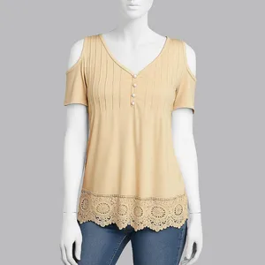 بلوز آستین کوتاه یقه هفت زنانه مدل لبه گیپور  رنگ کرم