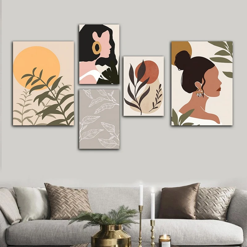 تابلو شاسی بکلیت طرح دخترانه نقاشی مینیمال آرت مدل SH-865 مجموعه 5 عددی