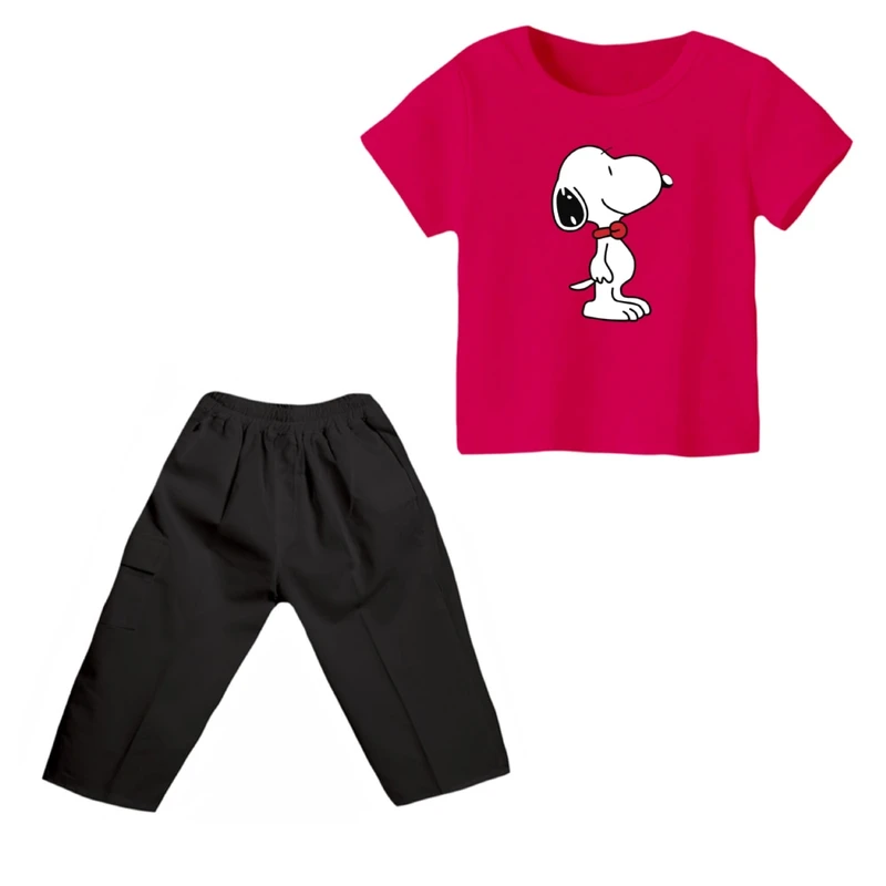 ست تی شرت و شلوارک پسرانه مدل اسنوپی کد ۸۶ رنگ سرخابی