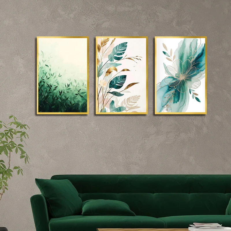 تابلو بکلیت طرح نقاشی گل و برگ انجیری مدل T-3645 فریم طلایی مجموعه 3 عددی