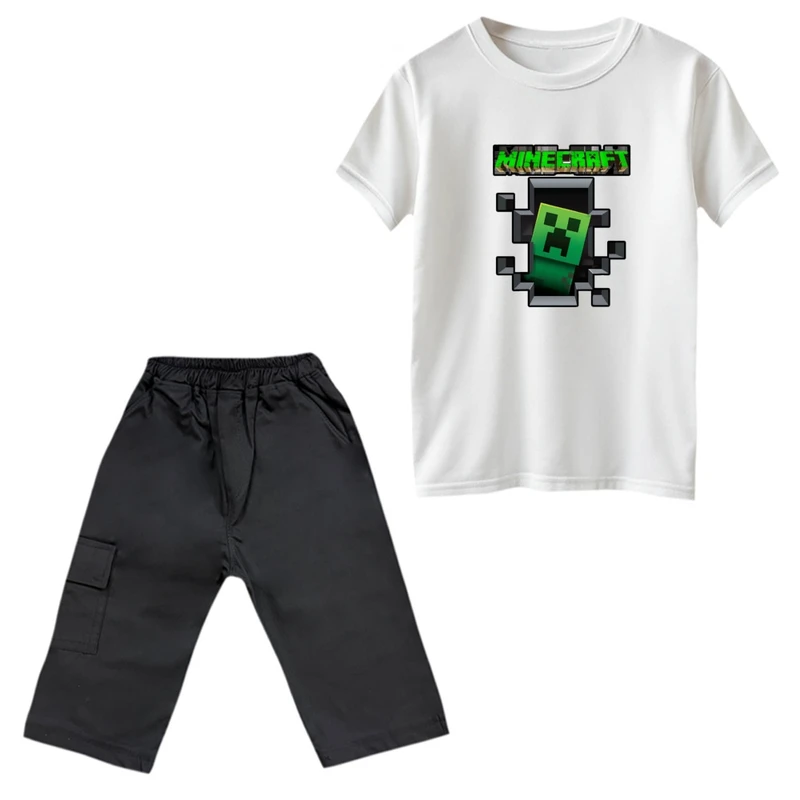 ست تی‌شرت و شلوارک پسرانه مدل ماینکرفت کد 003 رنگ سفید 