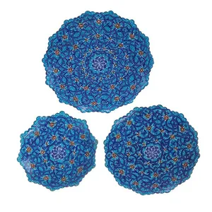 بشقاب مسی میناکاری شده اثر اسماعیلی طرح اسلیمی سری 3 عددی