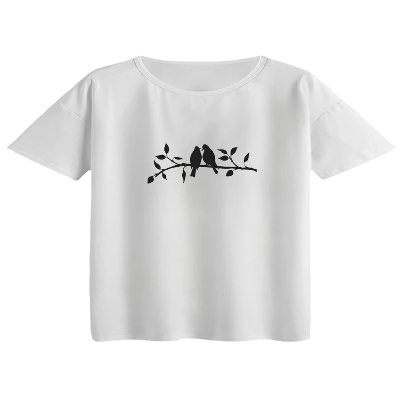 کراپ تی‌شرت آستین کوتاه زنانه مدل پرنده و شاخه