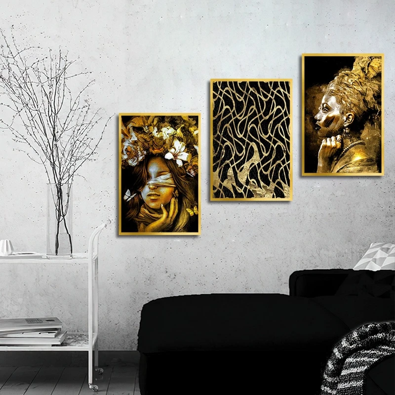 تابلو ساده بکلیت طرح چهره و گل طلایی مدل شاین اکلیلی T-2517 فریم طلایی مجموعه 3 عددی