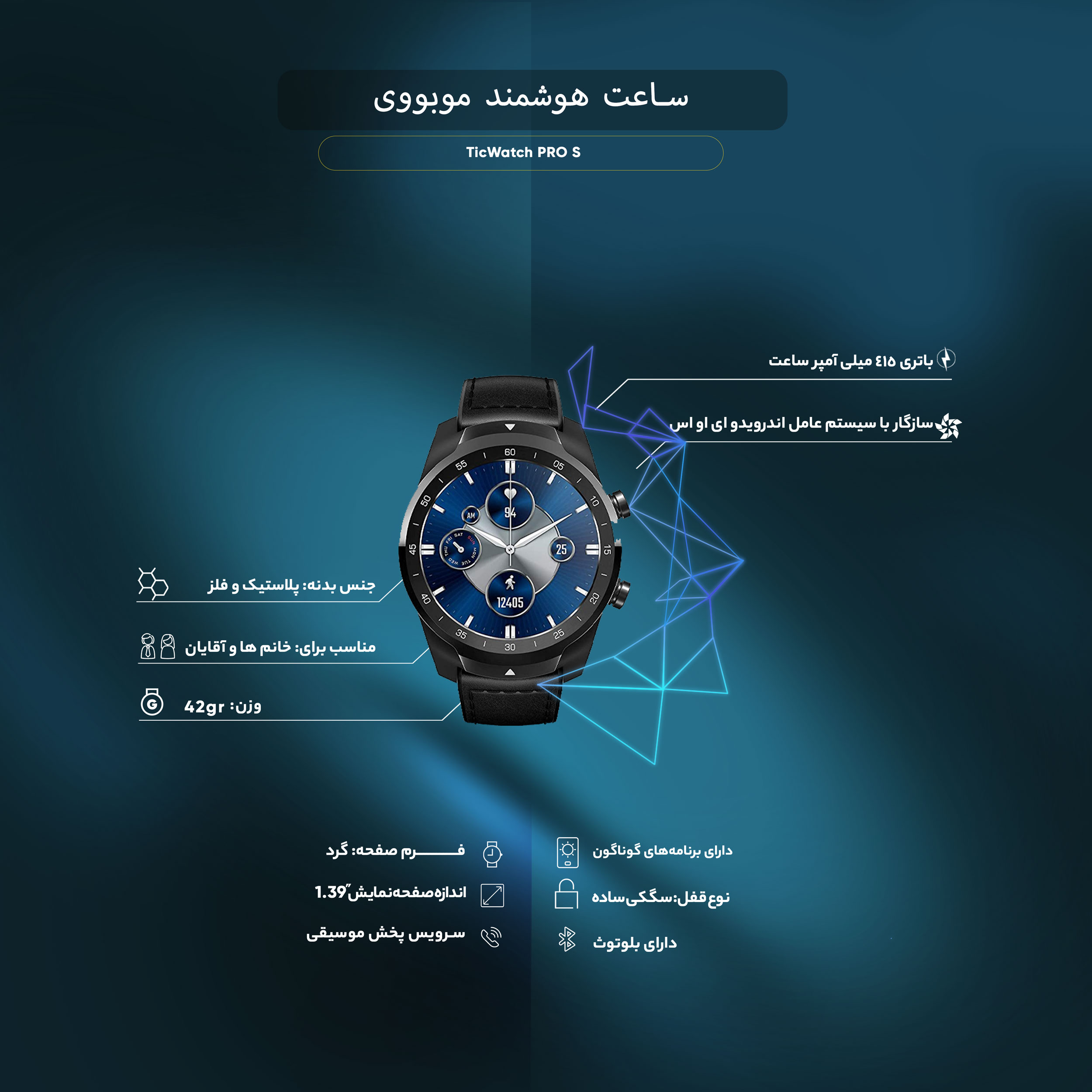 مشخصات، قیمت و خرید ساعت هوشمند موبووی مدل TicWatch PRO S | دیجی\u200cکالا