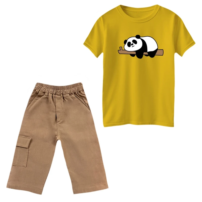ست تی‌شرت و شلوارک پسرانه مدل پاندا و شاخه رنگ زرد