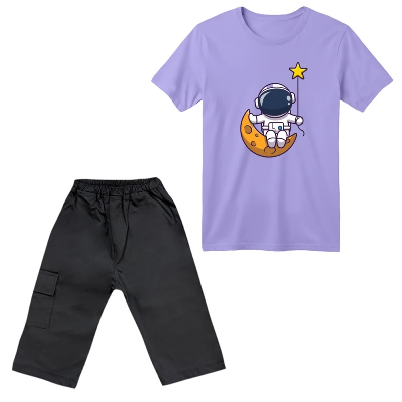 ست تی‌شرت آستین کوتاه و شلوارک پسرانه مدل فضانورد کد ۱۴ رنگ یاسی
