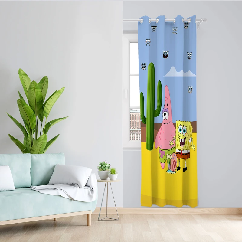 پرده مدل اتاق کودک مخمل پانچی طرح باب اسفنجی کد 4288 سایز 140x280 سانتی متر