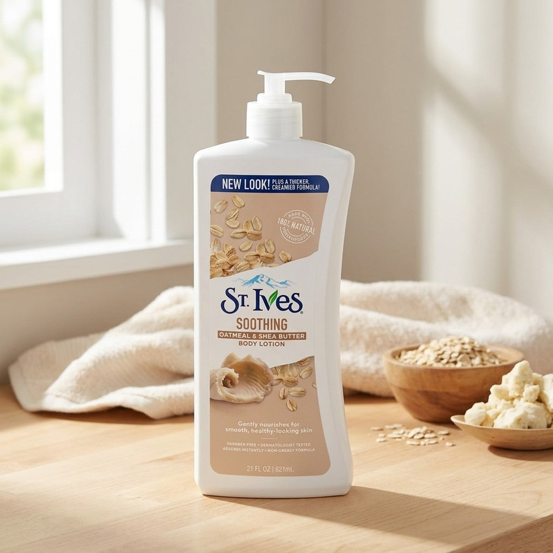 لوسیون بدن تسکین‌دهنده سینت ایوز مدل Soothing حجم 621 میلی‌لیتر، حاوی عصاره جوی دوسر و شی باتر، آبرسان و نرم‌کننده پوست خشک، جذب سریع و فرمول غیرچرب