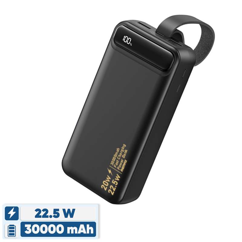 پاوربانک ریمکس RPP-660 مشکی با ظرفیت ۳۰۰۰۰ میلی‌آمپر ساعت و فست شارژ PD/QC، نمایشگر دیجیتال دقیق و چراغ قوه قدرتمند