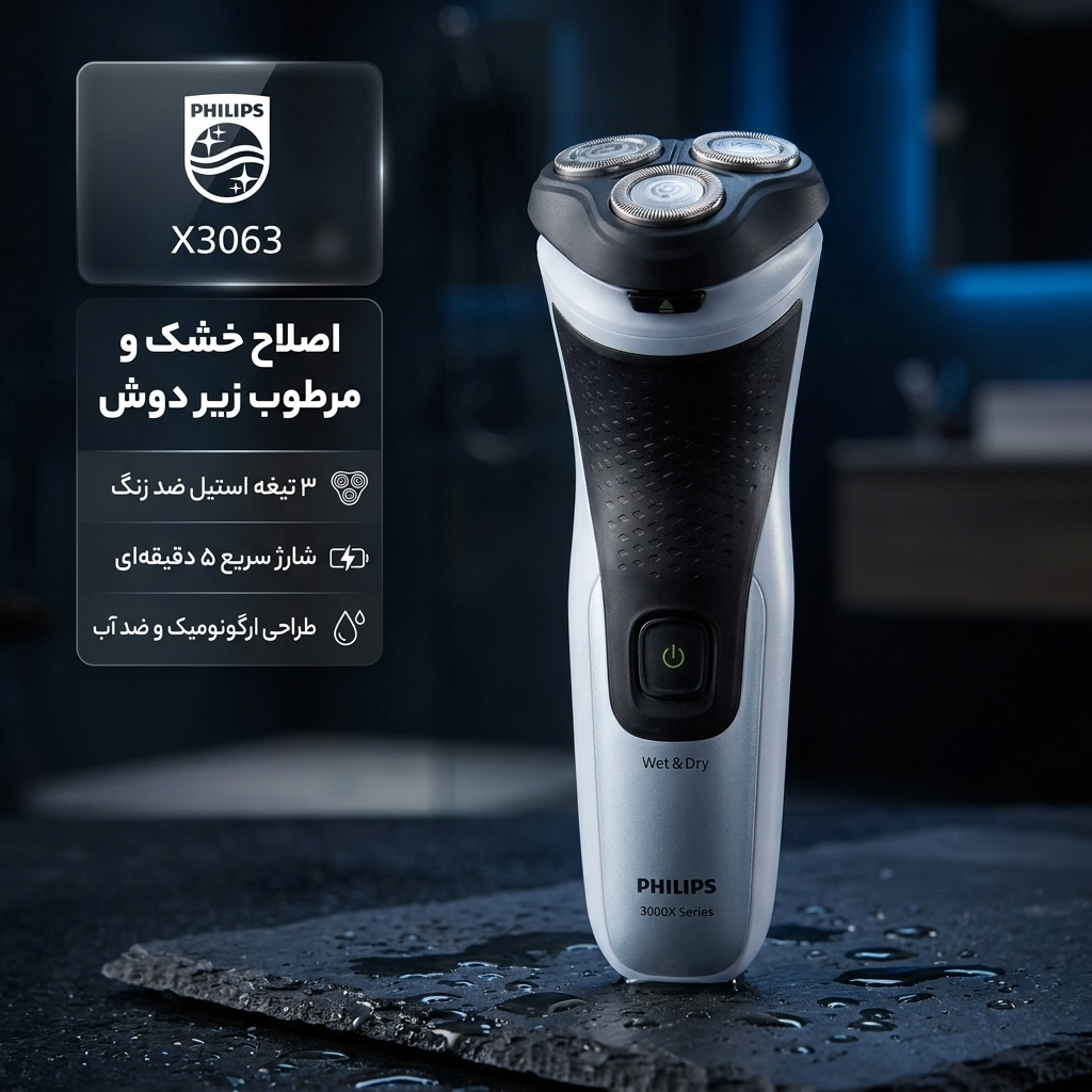 ماشین اصلاح موی صورت فیلیپس مدل X3063 با 3 تیغه استیل ضد زنگ، طراحی ارگونومیک و ضد آب، شارژ سریع 5 دقیقه‌ای و استفاده 45 دقیقه‌ای، قابلیت اصلاح خشک و مرطوب زیر دوش