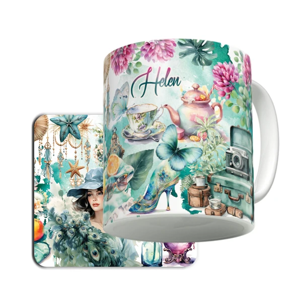 ماگ لاژید مدل اسم هلن طرح نقاشی آبرنگ به همراه زیر لیوانی