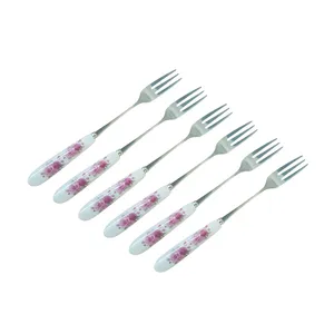چنگال میوه خوری مدل دسته سرامیک گلدار کد F_F34 بسته 6 عددی