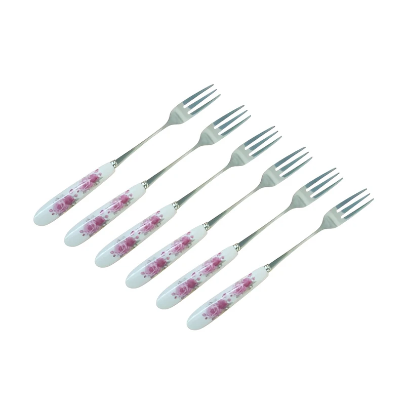 چنگال میوه خوری مدل دسته سرامیک گلدار کد F_F34 بسته 6 عددی