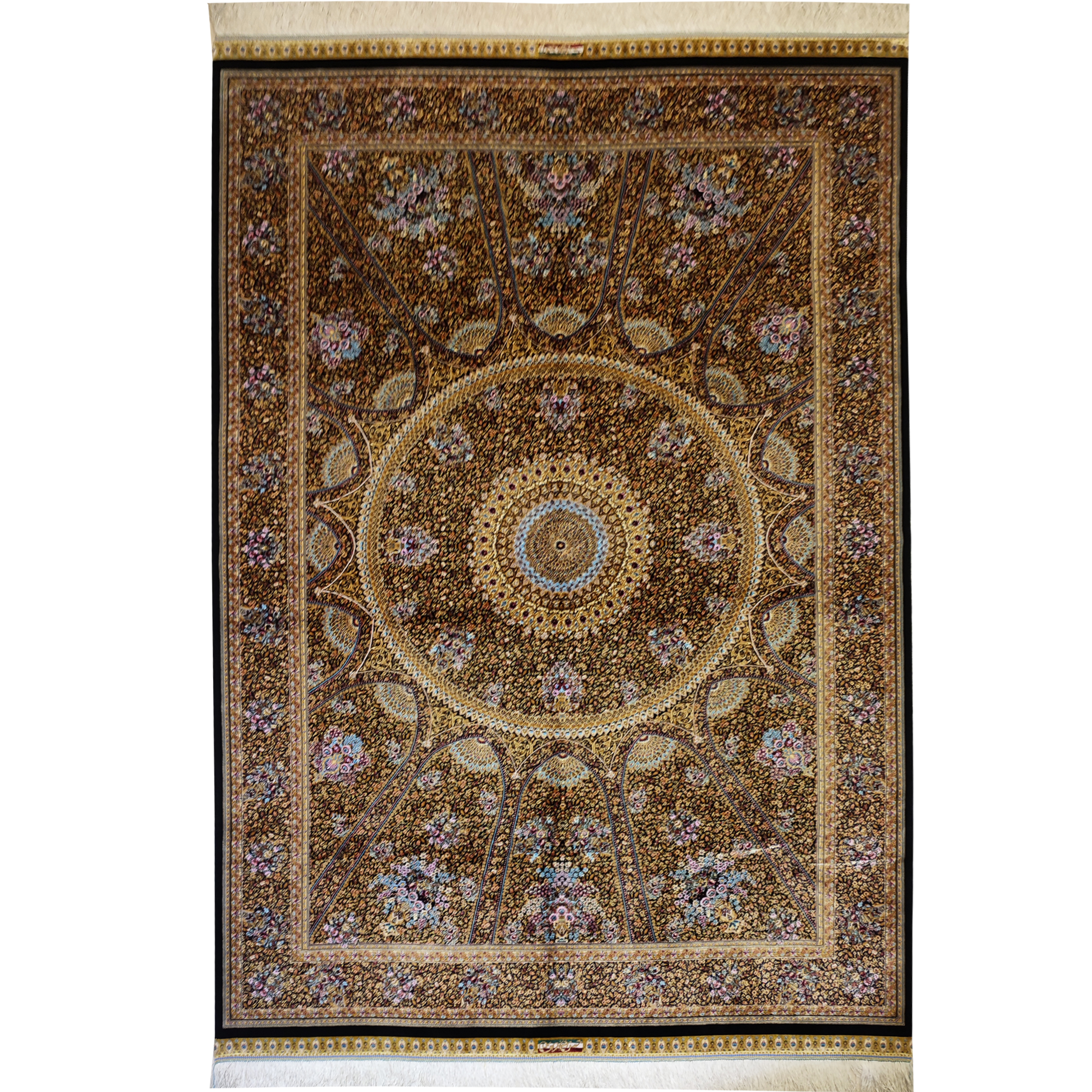 فرش ماشینی طرح ابریشم قم  کد 61 زمینه طلایی