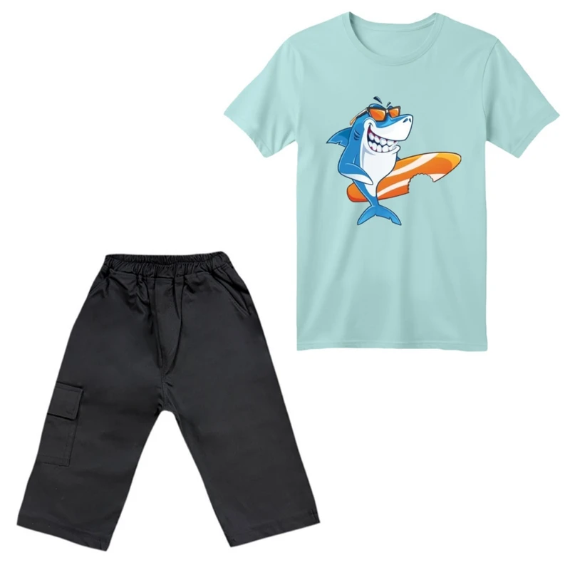 ست تی‌شرت آستین کوتاه و شلوارک پسرانه مدل کوسه کد ۱۰