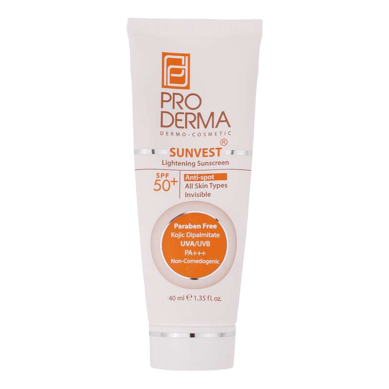 کرم ضد آفتاب بدون رنگ پرودرما SPF50 مدل SUNVEST محافظ UVA ،UVB و +++PA، مناسب انواع پوست حجم 40 میلی‌لیتر