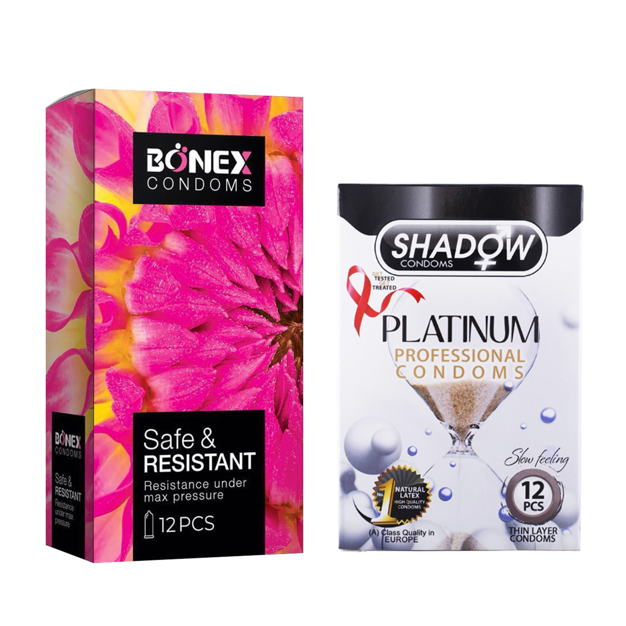 کاندوم بونکس مدل Safe & Resistant بسته 12 عددی به همراه کاندوم شادو مدل Platinum بسته 12 عددی