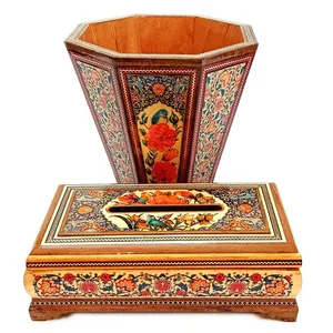 ست سطل و جعبه دستمال کاغذی خاتم کاری مدل تذهیب