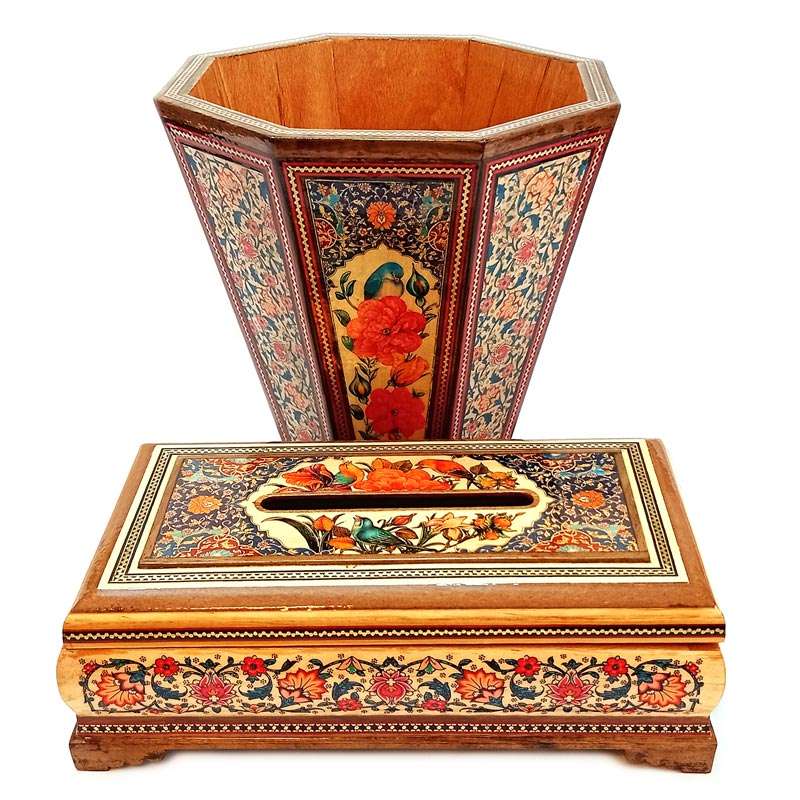 ست سطل و جعبه دستمال کاغذی خاتم کاری مدل تذهیب