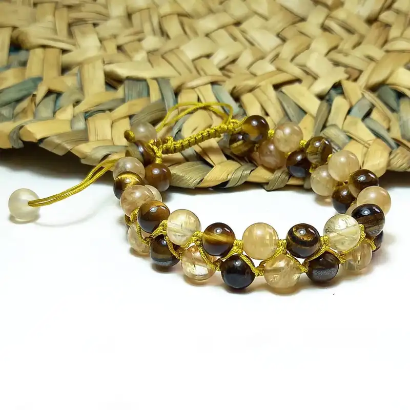 دستبند مدل دو رج بافت سیترین و چشم ببر